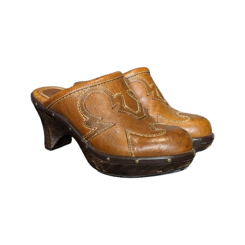 Sonora Western Leather Clogs Womens 6 Southwestern Slip On Heels Shoes Brown